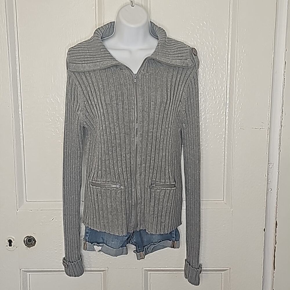Women's Grey Long Sleeve Sweater with Pockets and Botton Embellishments